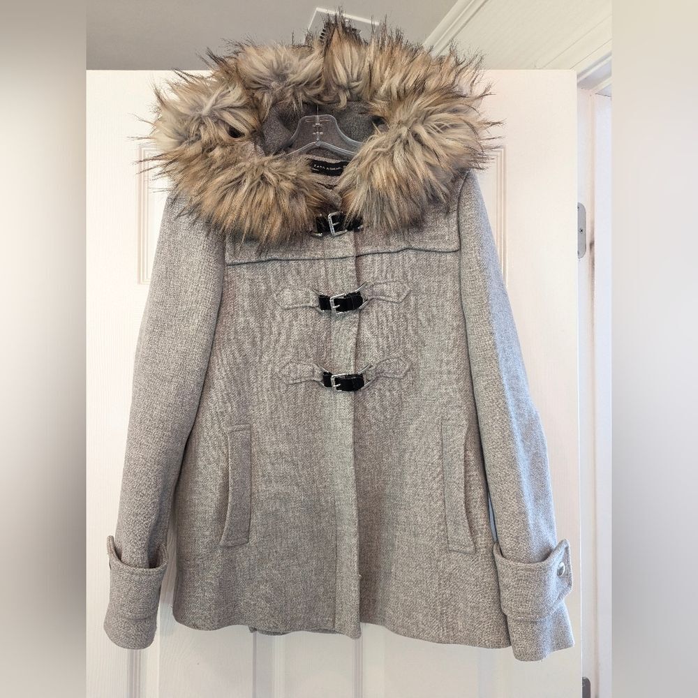 ZARA A-line Wool Duffle Coat jacket Gray detachable faux Fur Hood pockets size S - Picture 7 of 16